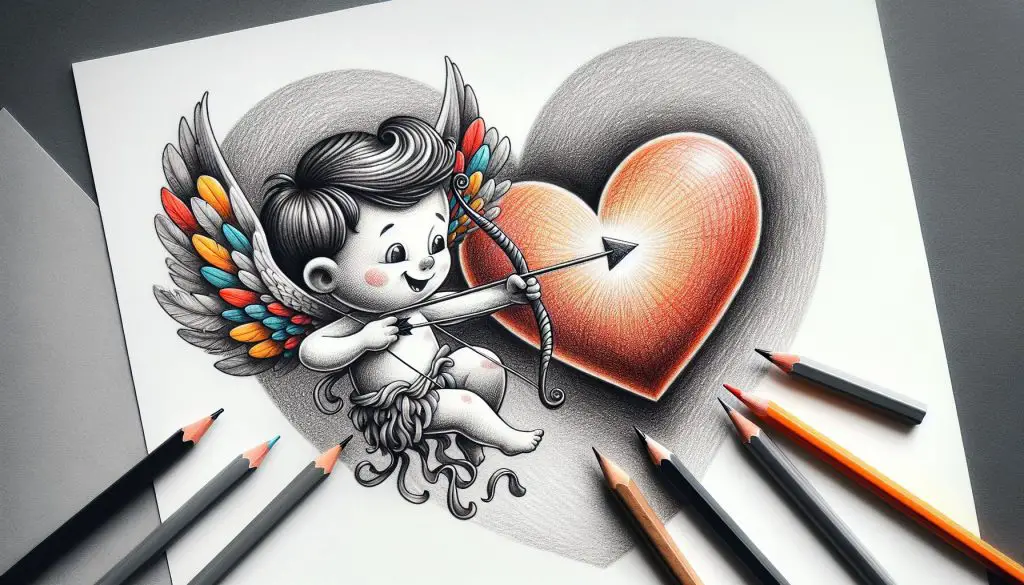 drawing of cupid shooting an arrow into a heart