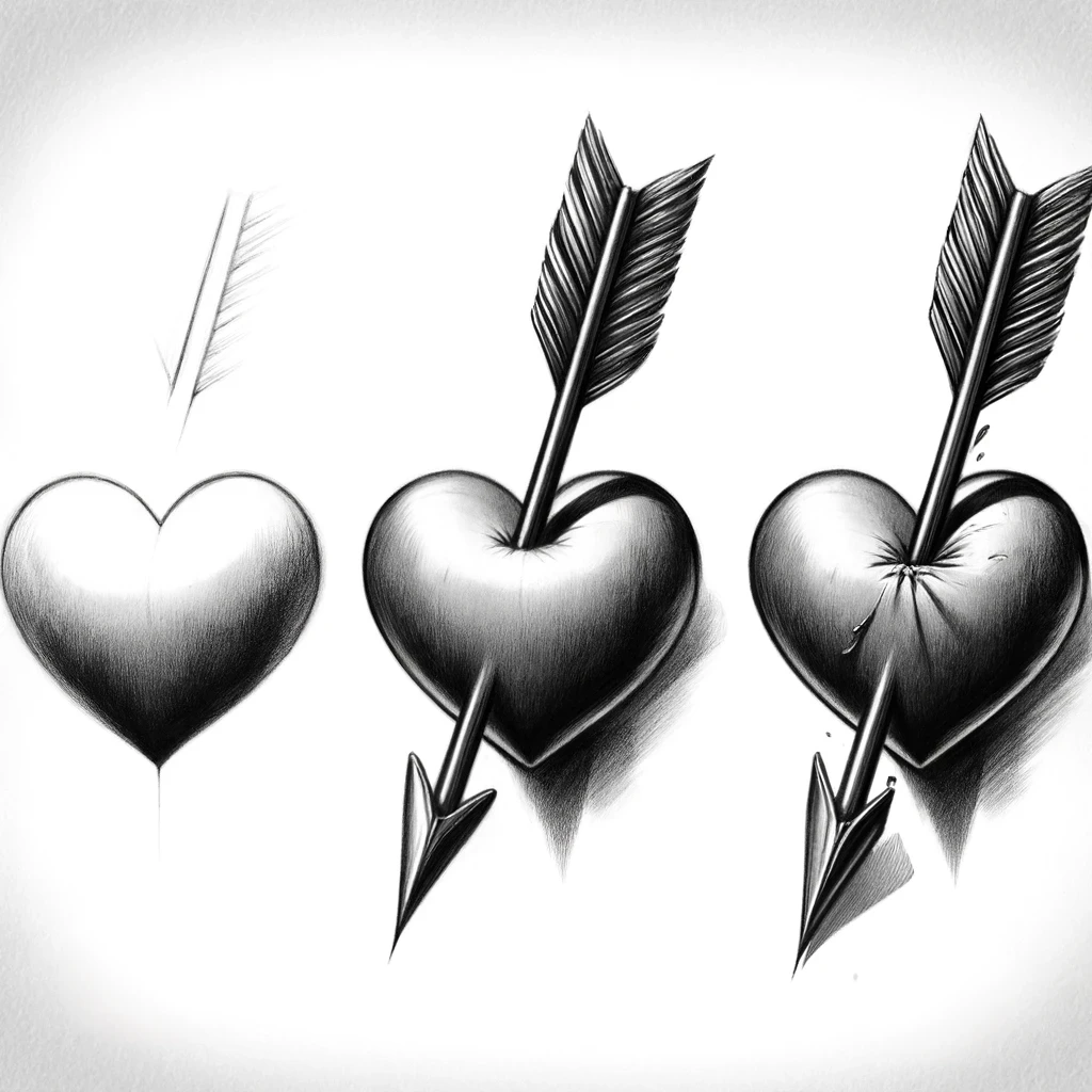 step by step drawing of a heart and arrow for easy love drawing ideas