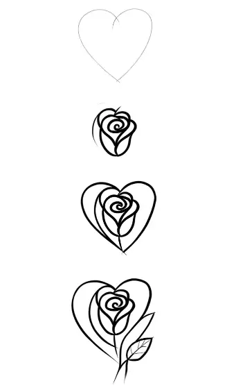 step by step drawing of a rose with a heart
