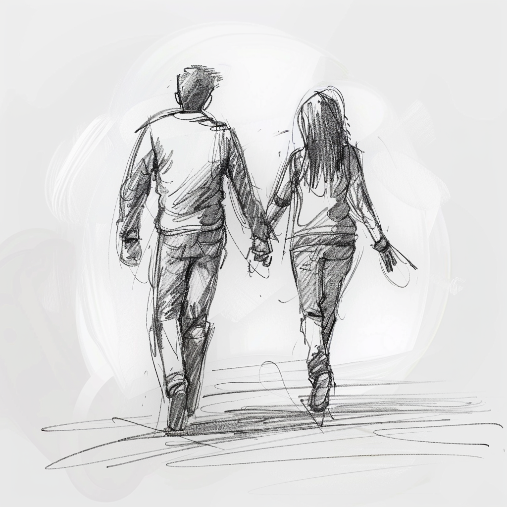 a couple walking and holding hands from behind
